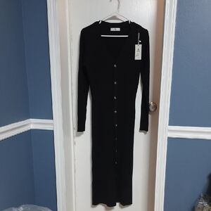 Chic Long Sleeve Black Button-Front Dress